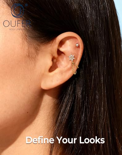 OUFER 16G Chain Cartilage Piercing Jewelry-316L Surgical Steel Gold Flat Back Push Pin Helix Earring, Star Clear CZ Double Chain Lobe Piercing Jewelry - style: Flower-Gold