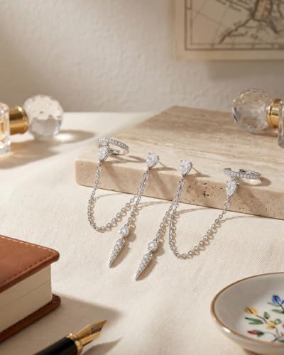 MUMREUES Gold Earrings for Women Trendy 14K Gold Plated Dangle Earrings Small Hoop Huggie Drop Stud Earrings Cubic Zirconia Simple Minimalist Dainty Chain Tassel Hypoallergenic Earrings - color: Ear Cuff & Silver