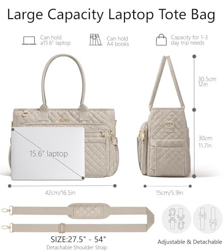 Bagstellar Teacher Bags for Women, 15.6 inch Laptop Work Tote Bag Quilted Nurse Bible Computer Shoulder Bag for School Travel | Dream Tote Work Bag - color: Taupe