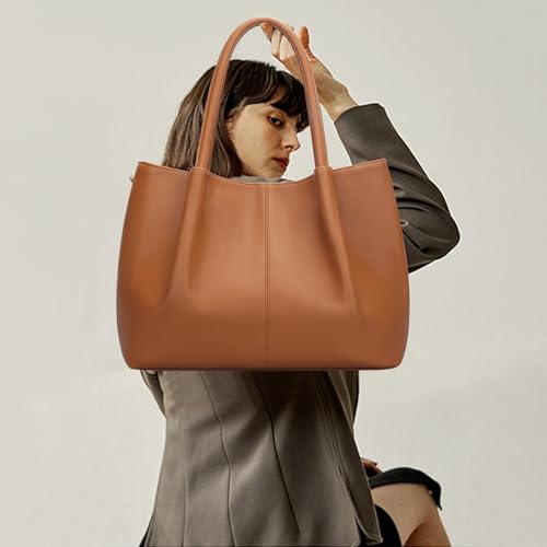 KKXIU Tote Bag for Women Vegan Leather Shoulder Purse Large Capacity Travel Bag - color: Orange Brown