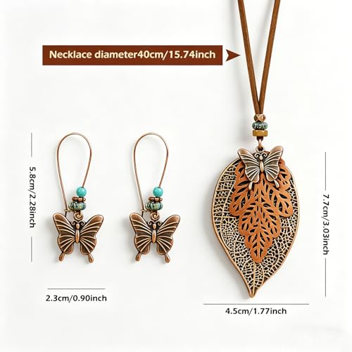 Wooden Leather Necklaces Set Bohemian Wood Stack Discs Long Chain Hemp Rope Bronze Plated Pendant Ethnic Tribal Fall Leaf Earrings Jewelry Statement Necklace - color: R-030