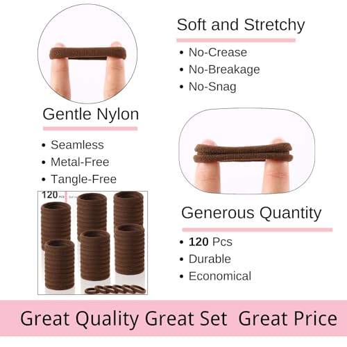 LuSeren 120 Pcs No Damage Hair Ties for Thick Hair, Large Soft Seamless Nylon Hair Elastics for Women, Ponytail Holders, Hair Accessories – brown - color: Brown