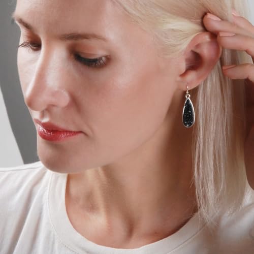Teardrop Dangle Earrings for Women with Simulated Druzy Stones, in Gold or Rose Gold Tone - color: Silver - Black Stone