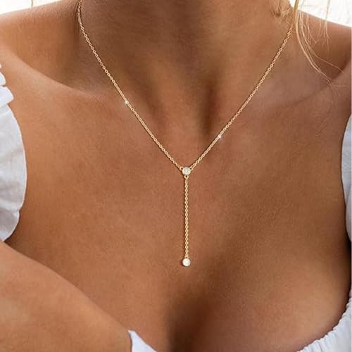 LULII Gold Necklace for Women Trendy Lariat Y Necklace Dainty 14k Gold Plated/Silver Long Necklaces for Women Layered Beaded Drop Necklaces Simple Y-Shaped Chain Jewelry Gifts - color: Y CZ Necklace-Gold