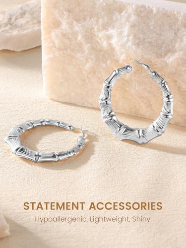 KeyStyle Bamboo Hoop Earrings for Women, Stainless Steel 90s Hoops Earring Lightweight Loops for Party, 2 mm Thick Hypoallergenic Vintage Circle Endless Thin Hoop (40mm, 60mm, 80mm,) - color: Stainless Steel-60mm