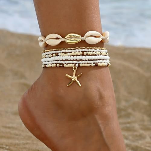 Qceasiy Shell Ankle Bracelet Set for Women, Gold Plated Boho Bead Adjustable Anklet, Hawaiian Beach Seashell Pearl Heart Starfish Conch Foot Jewelry Gifts - color: Starfish Shell 7Pcs