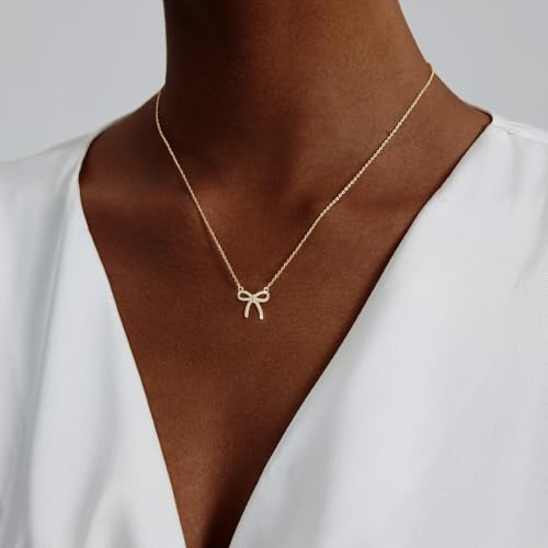 OGD Gold Necklace for Women, Bow Necklace 14K Layered Gold Necklace Dainty Bow Pendant Choker Necklace Trendy Bow Necklace Gold Chain Necklaces for Women Jewelry Gift - color: Cubic Zirconia Bow-Gold