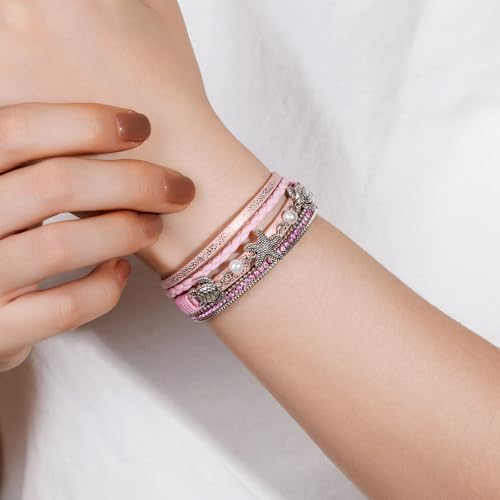 FANCY SHINY Turtle Starfish Leather Wrap Bracelet Boho Rhinestone Pearl Cuff Bracelets for Women Summer Beach Jewelry for Women - color: Pink