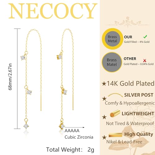 NECOCY Gold Dangle Earrings for Women Non Tarnish 14K Gold Plated Drop Wedding Hypallergenic Earring Dainty Long Hanging Chain CZ Pearl Threader Earrings Trendy Silver Plated Jewelry for Women - style: Gold&Style3