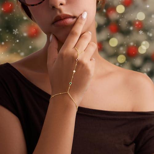Poxtex Waterproof 14K Gold Plated Hand Chain Bracelet for Women, Non Tarnish Hypoallergenic Beaded Finger Ring Bracelet with Cubic Zirconia, Dainty Minimalist Boho Indian Style Stackable Wrist Body Jewelry for Summer Festival Vacation - color: Red/White/G