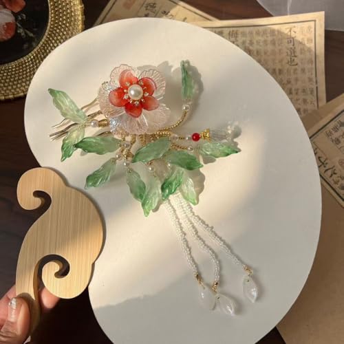White Camellia Hairpin with Red Center & Ocean Wave Green Leaves - Elegant Tassel Hair Stick for Women, Chinese Hanfu Vintage Floral Hair Accessory for Special Occasions (Green Leaf Camellia) - color: Green Leaf Camellia