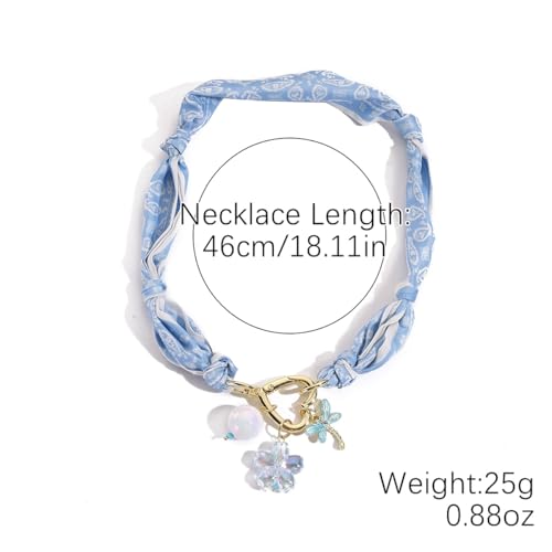 Scarf Long Fabric Colorful Silk Scarves Multi Pendant Necklace For Women Statement Boho Choker Twisted Ribbon Band Pearl Accent Heart Maple Leaf Bee Daisy Dragonfly Star Green Gem Charms - color: Blue Dragonfly