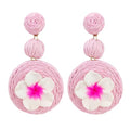 Boho Raffia Ball Earrings for Women, Handmade Statement Drop Earrings Straw Dangle Earrings Beach Vacation Jewelry - color: Pink flowers