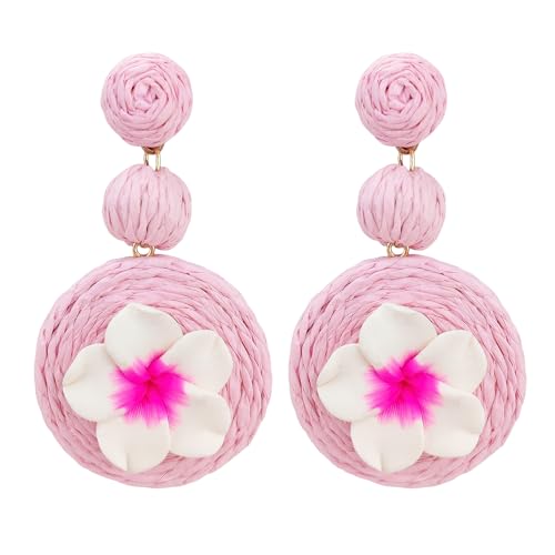 Boho Raffia Ball Earrings for Women, Handmade Statement Drop Earrings Straw Dangle Earrings Beach Vacation Jewelry - color: Pink flowers