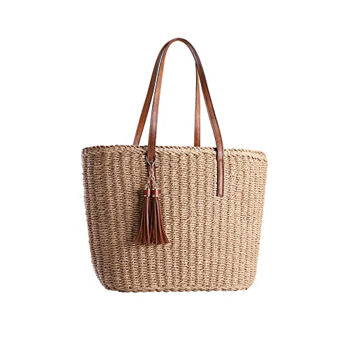 YXILEE Straw Bags For Women | M Size Travel Straw Totes Bag Woven Summer Handmade Shoulder Bag Handbag - color: Khaki