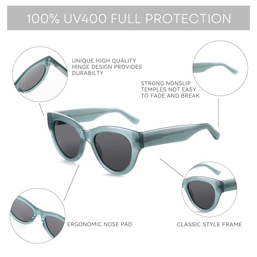 ZENOTTIC Polarized Sunglasses Women Round: Trendy Sun Glasses for Ladies - Retro Classic Shades UV400 Protection - color: C04 Crystal Green Frame Grey Lens