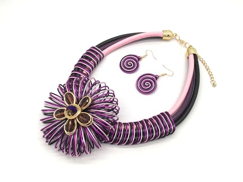 Statement African Necklace For Women African Jewelry Costume Earring Sets Tribal Fashion Colorful Big Rhinestone Crystal Pendent Collar Choker Bold Chunky Bib Handmade - color: Flower Purple
