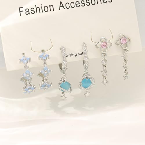 6 Pcs/6 Pairs Hypoallergenic 925 Sterling Silver Stud Post 14K Gold Earrings for Women Moon Star Hoop Stackable Cubic Zirconia Chain Dangle Earring Set Stacks for Multiple Piercings - color: Silver Flower Planet