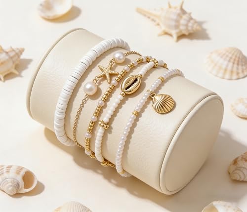 Starfish Seashell Ankle for Women ，14K Gold Bead Handmade Adjustable Plated Boho Shell Anklet ， Foot Chain Jewelry for Summer Beach Vacation - color: Starfish 5Pcs