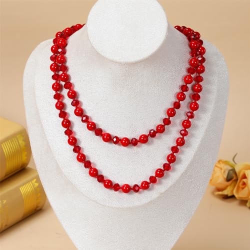 Long Beaded Necklace for Women Boho Colorful Crystal Stone Knot Statement Fashion Costume Jewelry Gifts - color: Red