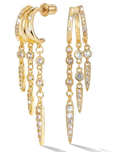 MUMREUES Gold Earrings for Women Trendy 14K Gold Plated Dangle Earrings Small Hoop Huggie Drop Stud Earrings Cubic Zirconia Simple Minimalist Dainty Chain Tassel Hypoallergenic Earrings - color: Tassel & Gold