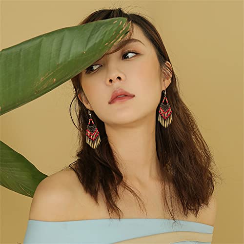 Handmade Vintage Bronze Bohemian Long Tassel Colorful Bead Dangle Drop Earrings Big Tribal Chandelier Geometry Hook Earrings for Women Statement Jewelry Gifts - color: Red