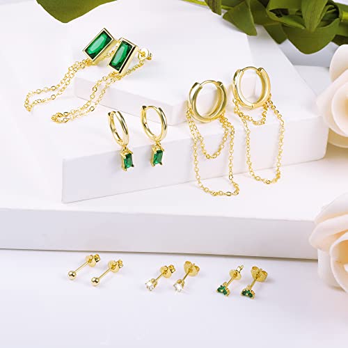 BOUTIQUELOVIN 14K Gold Stud Earrings Set for Women, for Multiple Piercing Silver Plated Studs Earrings and Zirconia Earring Set Small Huggie Hoop Chain Earing - color: 6Pairs Gold Emerald