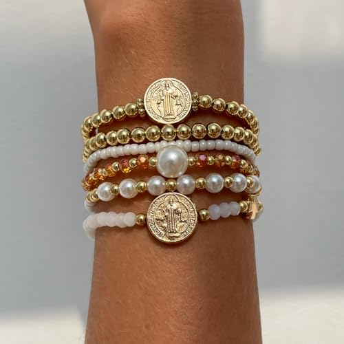 VIBILIA Gold Beaded Bracelets Set for Women 14K Gold Plated Dainty Pearl Cross Bracelet Stack Stretch Bracelet Set Fashion Accessories Gifts - color: 6P-6146K1-White