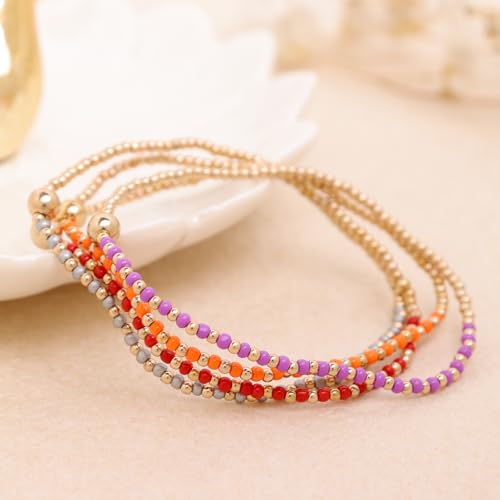 Gold Beaded Stackable Friendship Bracelets Set for Women, Handmade Boho Stretch Summer Jewelry Gift. - color: gold orange gray red purple