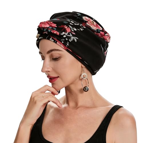 ZLYC Chemo Headwear for Women Pre Tied Turban Headwear Lightweight Beanie Hat - color: Flower Black