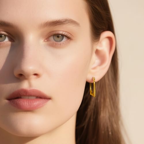 Gold Sculptural Hoop Earrings for Women, 14K Gold Plated Statement Earrings, Lightweight Hypoallergenic Jewelry for Sensitive Ears, Trendy Gift for Her - style: Square