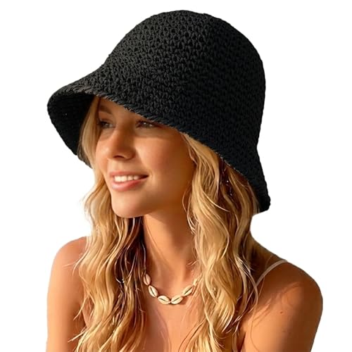 Straw Bucket Hat for Women Foldable Summer Beach Sun Hats Wide Brim Crochet Floppy Hat for Vacation Travel Shade & Style - color: Black-a