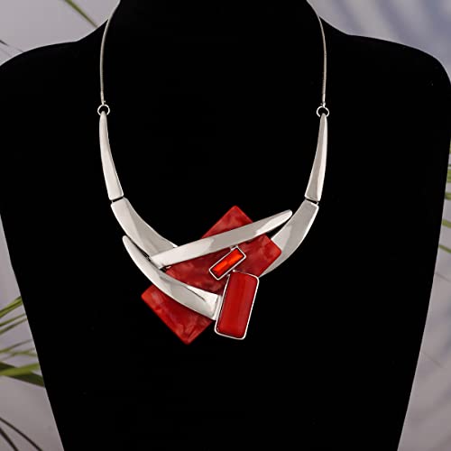 Vintage Chunky Statement Jewelry Set Retro Leaf Floral Geometric Bohemian Boho Bib Necklace Earring Set Fashion Costume Jewelry for Women Girls Wedding Party Prom Unique Gift - style: rectangle-red