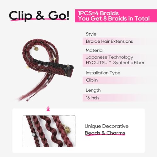 REECHO Clip in Braid Hair Extensions for Women, 16" Boho Dreadlock Clip in Braids with Beads & Charms, 2PCS Handmade Synthetic Braided Hairpieces for Cosplay Daily Styling, Burgundy & White - color: Burgundy & White, size: 16 Inch