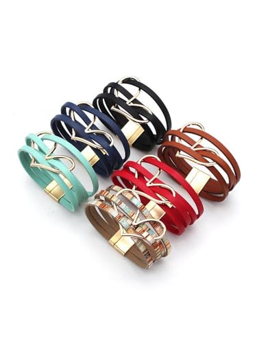 Fuqimanman2020 Boho Heart Charm Leather Wrap Bracelet for Women Handmade Layered Cuff Bracelets Bohemian Multi Strand Bangle Bracelets Christmas Jewelry Gift - color: Red
