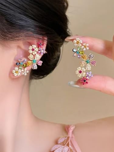 Climber Earrings for Women Multicolor Ear Studs with Ear Cartilage Clip Crystal Clustered Flowers Ear Cuff Earring Statement Floral Crawler Stud Earrings Sparkly Zircon Gemstone Earring