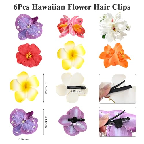 6 pcs Hawaiian Flower Hair Clips for Women，Plumeria Hibiscus Hair Clips Artificial Flower Clips, Boho Hair Accessories for Vacation Beach Party - Mixed Floral - color: Mixed Floral