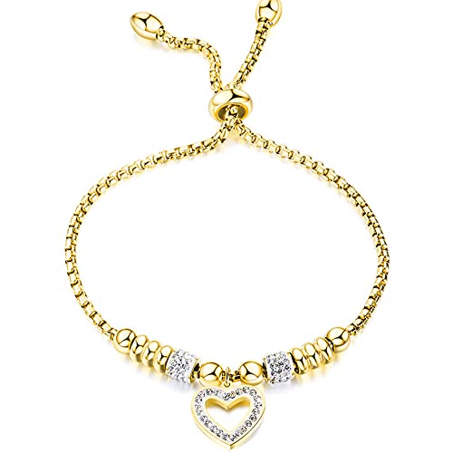 Jude Jewelers Stainless Steel Heart Charm Adjustable Size Beaded Strand Style Wedding Statement Holiday Bracelet - color: Gold