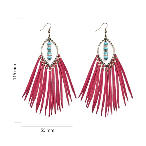 Long Bohemian Fringe Leather Earrrings Handmade Tassel Earrings with Turquoise Christmas Long Dangle Earrings for Women rodeo jewelry - color: 10