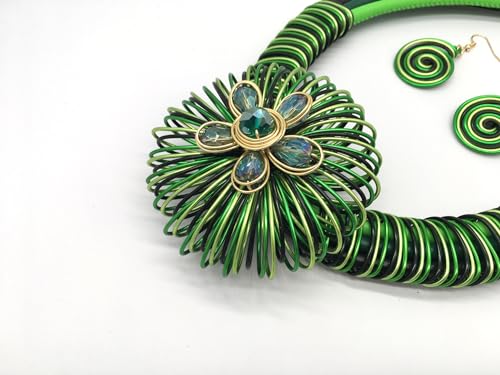 Statement African Necklace For Women African Jewelry Costume Earring Sets Tribal Fashion Colorful Big Rhinestone Crystal Pendent Collar Choker Bold Chunky Bib Handmade - color: Flower green