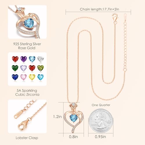 LOUISA SECRET Rose Flower Heart Birthstone Necklaces for Women, 925 Sterling Silver Jewelry, Pendant Heart Necklaces Birthday Anniversary Christmas Gift for Women Wife Mom Girlfriend Lady - color: Rose Gold-03-Mar