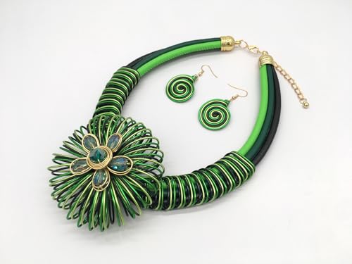 Statement African Necklace For Women African Jewelry Costume Earring Sets Tribal Fashion Colorful Big Rhinestone Crystal Pendent Collar Choker Bold Chunky Bib Handmade - color: Flower green