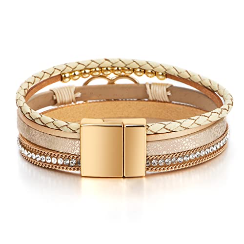 Fesciory Leopard Bracelet for Women, Boho Leather Wrap Multi-Layer Pearl Crystal Bracelet Bangle Jewelry - style: Double Circle(Khaki)