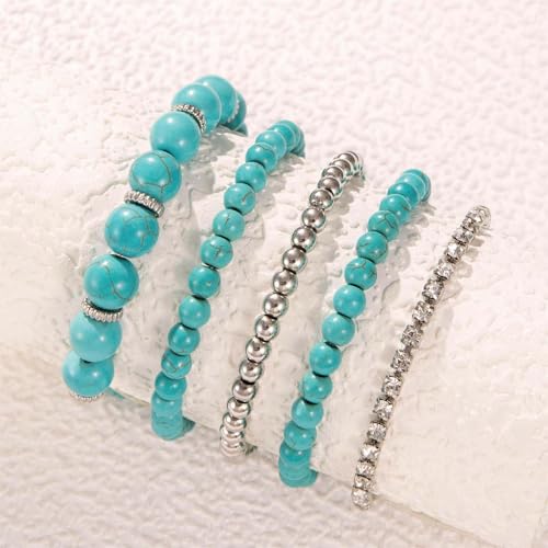Boho Blue Turquoise Bracelet Set Rhinestone Tennis Bracelets Silver Round Ball Bracelet Turquoise Stone Beaded Bracelets Multilayer Stackable Bracelet Jewelry for Women