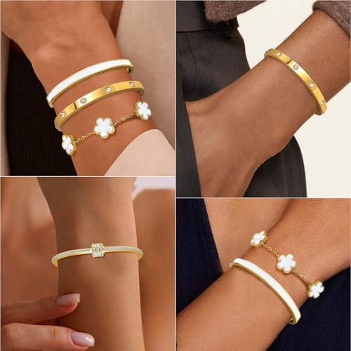 MOINSPIRE Gold Bracelets for Women, 18K Gold Plated Tennis Nail Clover love Bangle Bracelets Set Non Tarnish, Stainless Steel Trendy Stackable Bracelet Fashion Jewelry Accessories Gifts for Christmas - color: C2-White