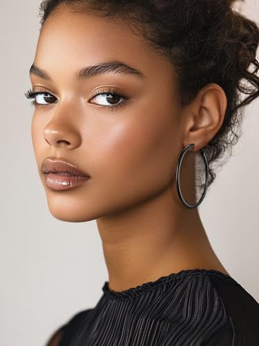 Stainless Steel Chunky Hoop Earrings For Women, Minimalist and Chic, Black/Gold Plated, Round Hoops Earrings Hypoallergenic, Size: 30mm/40mm/60mm/80mm, Come with Box - color: 1. Black, size: 80MM