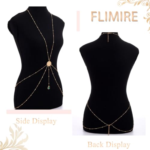 Gold Body Chain for Women Layered Rhinestone Waist Chains Summer Beaded Bra Body Jewelry Gifts - color: Green