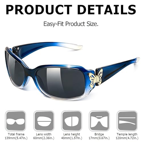 TJUTR Polarized Sunglasses for Women with Wrap Around Butterfly Design, Trendy Jackie-O Style for UV400 Protection - color: A4 Gradient Blue Frame Grey Lenses