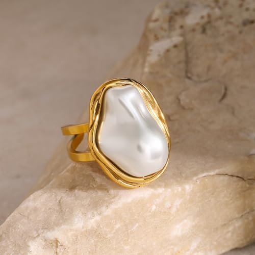 Boho Red Heart Gold Band Rings Pearl Ring, Dainty Adjustable Statement Rings, Open Wrap Stackable Finger Ring Gold Fashion Jewelry Gifts for Women - color: Gold Ring - Pearl