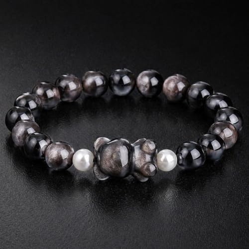 Beaded Bracelets for Women, Black Obsidian Money Attraction Bracelet, 8mm Healing Relax Anxiety Luck Crystal Bead Bracelets, Adjustable Jewelry Feng Shui Stretch Bracelet Cat Lover Gifts for Women Men - color: Black Bear